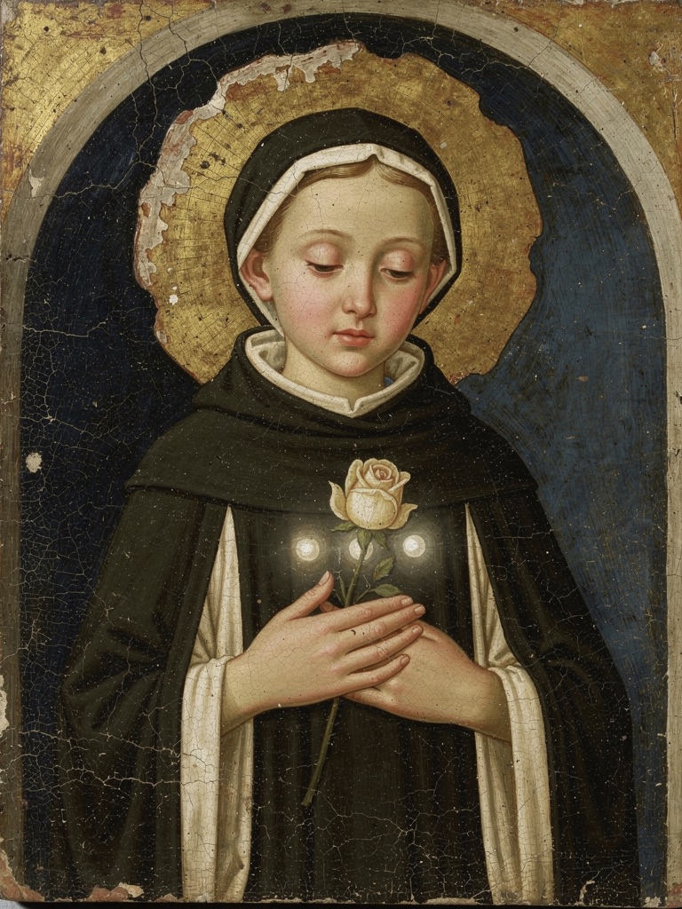 Devotional painting of St. Margaret of Castello in a black and white Dominican habit, eyes gently closed, holding a rose, three pearls glowing at her heart beneath a gold-leaf halo