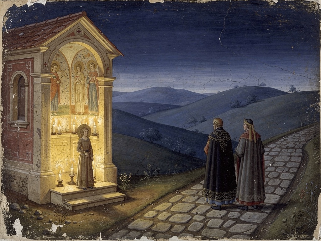 A small figure standing alone at a candlelit wayside shrine as two cloaked figures walk away down a stone road into dark hills