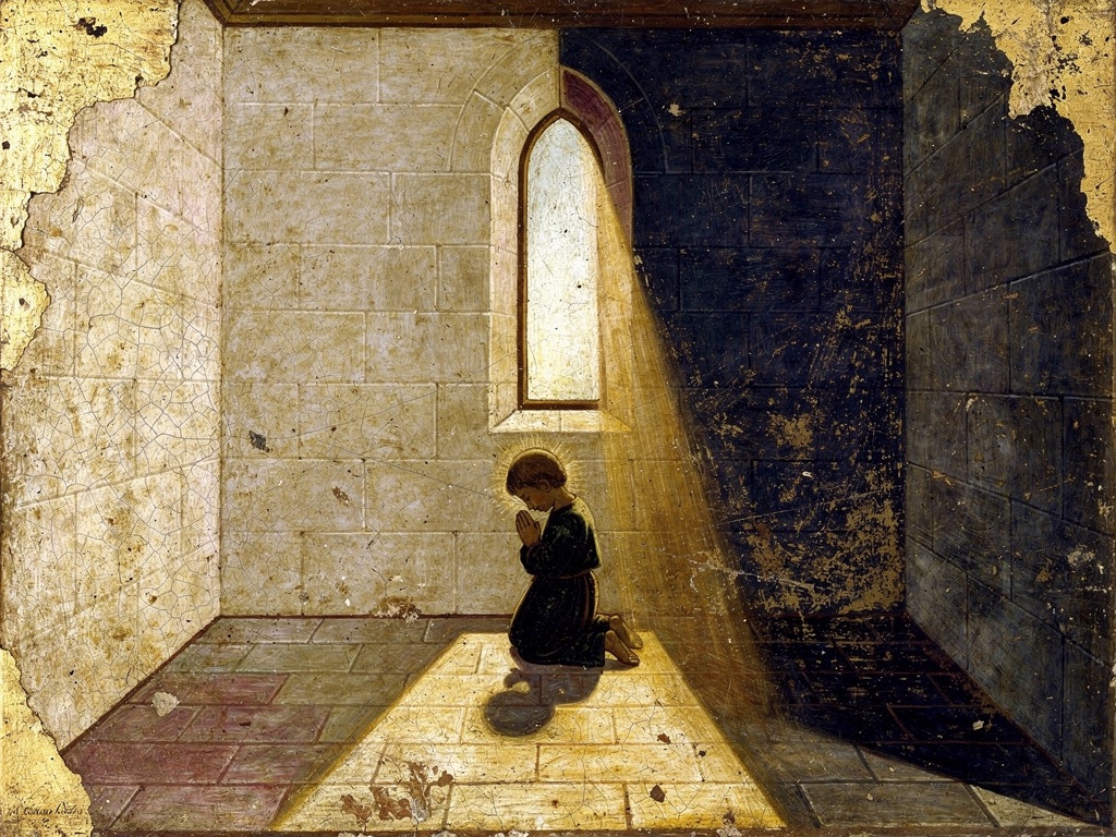 A small child kneeling in prayer in a bare stone cell, lit by a single shaft of light from a narrow chapel window