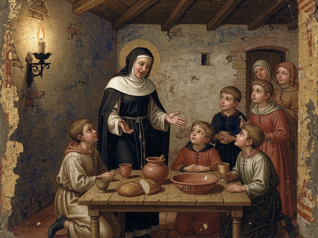 A joyful woman in a Dominican habit teaching children gathered around a candlelit table with bread